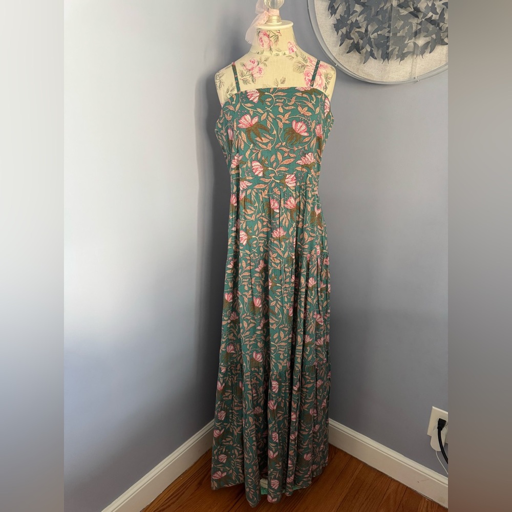 NWT Anthropologie Deema Green Tiered Floral Maxi Dress Medium
